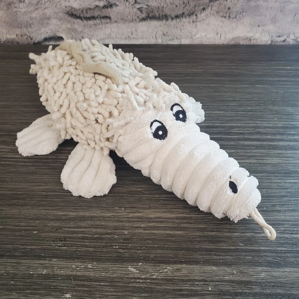 Petlou Natural Shaggy Alligator Mop Toy Squeaker Belly Crinkle Feet Nubs Durable